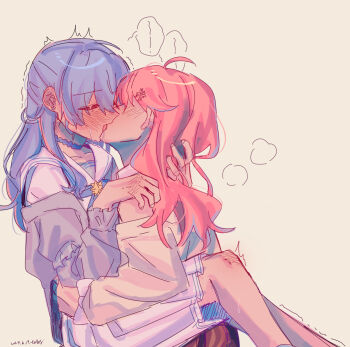 2girls ahoge between_legs blue_hair blush brown_background closed_eyes commentary dated ear_blush earrings french_kiss hanbaagaakunkan hand_on_another&#039;s_neck hand_on_another&#039;s_shoulder hand_on_another&#039;s_waist highres hololive hoshimachi_suisei hoshimachi_suisei_(sailor) jewelry kiss long_hair multiple_girls off_shoulder official_alternate_costume pink_hair pleated_skirt sakura_miko saliva shirt simple_background skirt speech_bubble star_(symbol) star_earrings stud_earrings sweat tongue trembling virtual_youtuber white_shirt white_skirt yuri