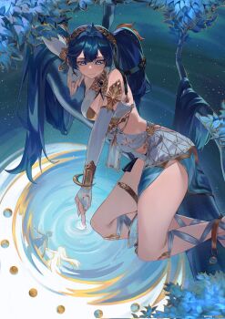 1girl ahoge ancient_greek_clothes armlet artist_name bare_shoulders black_skirt blue_eyes blue_hair breasts bridal_gauntlets cleavage closed_mouth commentary_request corrupted_twitter_file feet_out_of_frame gold_bra greco-roman_clothes highres iuno_(wuthering_waves) jewelry laurel_crown leppib long_hair looking_down medium_breasts on_branch ripples showgirl_skirt skirt smile solo thighlet thighs twintails vambraces very_long_hair water white_bridal_gauntlets wuthering_waves