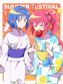 Rule 34 | !, > <, 2girls, ahoge, alternate costume, blue hair, blush, border, candy apple, checkered clothes, checkered kimono, closed mouth, commentary request, cowboy shot, eating, english text, festival, floral print, floral print kimono, food, food print, fruit print, hair between eyes, hair bobbles, hair ornament, hairband, hairclip, hand up, heart, heart ahoge, highres, holding, holding candy apple, holding food, japanese clothes, kimono, lemon print, little busters!, long hair, long sleeves, looking at another, multiple girls, nishizono mio, notice lines, one side up, orange background, outside border, parallel hairclips, pink hair, print kimono, red hairband, saigusa haruka, short hair, side ponytail, simple background, smile, surprised, twitter username, water yoyo, white border, white kimono, wide-eyed, wide sleeves, xdjf63qbpt0iqmj, yellow eyes, yukata