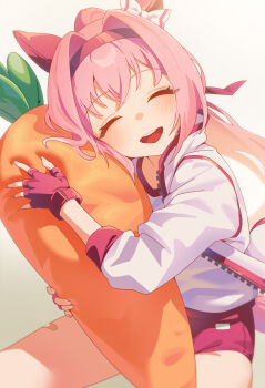 absurdres animal_ears bandaid bandaid_on_leg behalter bow buruma carrot-shaped_pillow ear_bow ear_covers fingerless_gloves gloves haru_urara_(bestest_prize)_(umamusume) haru_urara_(umamusume) headband highres horse_ears horse_girl horse_tail hug hugging_object long_hair pillow pillow_hug pink_hair ponytail red_buruma red_gloves red_headband smile tail umamusume