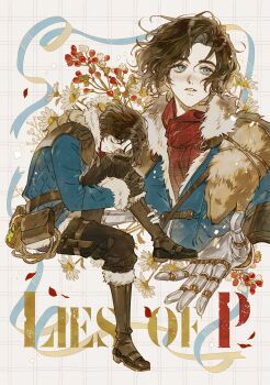 1boy absurdres androgynous black_hair blue_coat blue_eyes boots brown_bag brown_boots coat commentary copyright_name flower freckles fur-trimmed_boots fur-trimmed_coat fur_trim gemini_(lies_of_p) guragamja highres lantern lies_of_p looking_at_viewer male_focus mechanical_arms multiple_views pinocchio_(lies_of_p) prosthesis prosthetic_arm red_scarf scarf short_hair single_mechanical_arm sitting wavy_hair white_flower