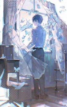 1boy black_pants black_shoes blue_butterfly blue_hair bug butterfly chair chromatic_aberration commentary_request curtains desk floating_curtains from_behind full_body hashtag-only_commentary indoors insect looking_outside male_focus office_chair pants persona persona_3 see-through_curtains shirt shoes short_hair solo standing swivel_chair white_shirt window you&#039;er yuuki_makoto_(persona_3)