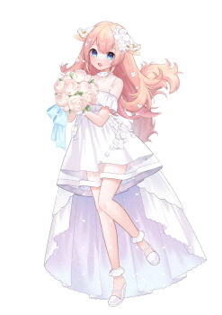Rule 34 | 1girl, :d, animal ears, bare shoulders, blush, bouquet, brown hair, chitetan, commentary request, copyright request, covered collarbone, dotted line, dress, fang, flower, frilled dress, frills, hair flower, hair ornament, heart, holding, holding bouquet, long hair, looking at viewer, off-shoulder dress, off shoulder, open mouth, pink flower, pink rose, rose, shoes, simple background, smile, solo, standing, standing on one leg, tail, very long hair, virtual youtuber, watermark, white background, white dress, white shoes