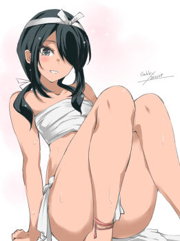 1girl black_hair collarbone commentary_request ecchuu_fundoshi feet_out_of_frame fundoshi gakky grey_eyes hair_over_one_eye highres japanese_clothes kantai_collection kumano_maru_(kancolle) kumano_maru_kai_(swimsuit)_(kancolle) loincloth long_hair looking_at_viewer one-hour_drawing_challenge sarashi sidelocks sitting solo