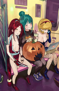 3girls black_jumpsuit blonde_hair blue_footwear breasts burger cellphone cleavage commentary computer cosplay drink drooling eating english_commentary fishnets food green_footwear green_hair hair_ornament halloween highres hipa_(some1else45) holding holding_burger holding_food jack-o'-lantern jumpsuit laptop multiple_girls nahia_(some1else45) original phone red_hair sekoshi_(some1else45) shiranui_mai shiranui_mai_(cosplay) sleeping some1else45 subway