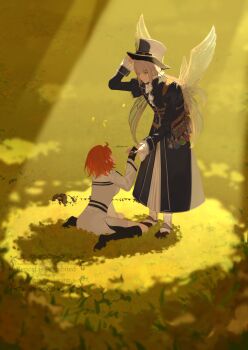 1boy 1girl adjusting_clothes adjusting_headwear ahoge belt black_boots black_coat black_gloves black_hair blue_eyes boots brown_belt brown_hair coat commentary_request dress facing_away fairy_wings fate/grand_order fate_(series) flask flower fujimaru_ritsuka_(female) fujimaru_ritsuka_(female)_(decisive_battle_chaldea_uniform) full_body gloves hat highres knee_boots light_rays looking_at_another looking_down multiple_belts oberon_(exhibition_attire)_(fate) oberon_(fate) offering_hand orange_hair outdoors pants romo827 short_hair sitting smile sunbeam sunlight top_hat twitter_username wariza watermark white_dress white_pants wings yellow_flower