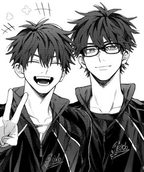 2boys ace_of_diamond collarbone commentary_request facing_viewer fangs glasses greyscale hair_between_eyes highres jacket looking_at_viewer male_focus miyuki_kazuya monochrome multiple_boys open_mouth rinnu02 sawamura_eijun screentones seidou_high_school_jacket simple_background smile teeth upper_body v white_background zipper_pull_tab