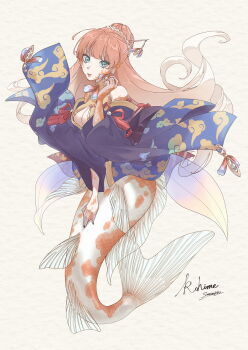 1girl arm_up bare_shoulders blue_eyes braid breasts character_name chinese_clothes chinese_hairpin cleavage cleavage_cutout clothing_cutout cloud_print colored_skin commentary_request commission earrings english_text fins gem hair_ornament hairpin hand_on_own_tail head_fins highres japanese_clothes jewelry kimono koi long_hair looking_at_viewer medium_breasts mermaid monster_girl multicolored_hair multicolored_skin orange_hair original paper_texture pearl_(gemstone) signature single_earring solo soramaru_ell symbol-shaped_pupils tassel twitter_username two-tone_hair vgen_commission white_hair