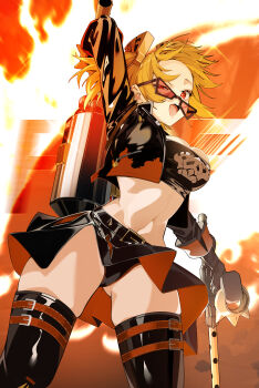 Rule 34 | 1girl, absurdres, arm up, black jacket, black panties, black skirt, black thighhighs, black tube top, blonde hair, breasts, burnice white, fire, flamethrower, half-closed eye, highres, holding, holding flamethrower, holding weapon, jacket, large breasts, midriff, navel, open mouth, panties, propane tank, red-tinted eyewear, red eyes, skirt, sogumi, solo, spiked belt, spiked jacket, stomach, strapless, thighhighs, tinted eyewear, tube top, two side up, underwear, weapon, zenless zone zero