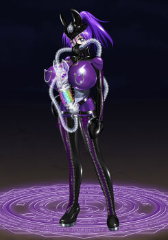 Rule 34 | alegria (artist), animal ears, blue eyes, bodysuit, boots, breasts, catheter, corset, dildo, dimension empire domigulas, gloves, heel-less shoes, highres, hooves, latex, mask, migyuna, nipples, purple hair, strap-on, what