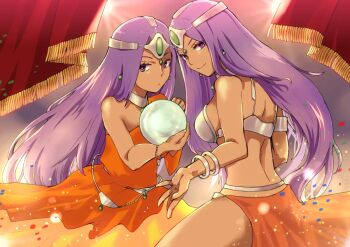 2girls armor asymmetrical_dress back bikini_armor bracelet closed_mouth crystal_ball curtains dancer dark-skinned_female dark_skin dot_mouth dragon_quest dragon_quest_iv dress earrings expressionless forehead_jewel gem green_gemstone holding_orb jewelry long_dress long_hair long_sleeves looking_at_viewer manya_(dq4) metal_belt metal_bikini metal_bra minea_(dq4) multiple_bracelets multiple_girls neck_ring orange_dress orange_loincloth outstretched_hand purple_eyes purple_hair siblings single_bare_shoulder single_sleeve sisters smile sparkle sphere_earrings wara_strawberry