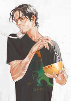 1boy bandaid bandaid_on_arm bandaid_on_face black_eyes black_hair black_shirt bowl cereal corded_phone ctkcave facial_hair goatee holding holding_bowl holding_spoon looking_to_the_side male_focus mature_male mustache original parted_bangs parted_hair phone print_shirt scar scar_on_arm shirt short_hair simple_background solo spoon talking_on_phone white_background
