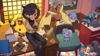 1girl :3 ampharos billboard black_bodysuit black_gloves black_hair blue_eyes bodysuit bodysuit_under_clothes brown_jacket chair closed_mouth commentary desk emma_(pokemon) espurr faucet gen_2_pokemon gen_3_pokemon gen_4_pokemon gen_6_pokemon gloves hair_ornament highres holding indoors inkay jacket long_sleeves looking_at_viewer lopunny mawile nintendo on_desk paper pokemon pokemon_(creature) pokemon_legends:_z-a reapster_(tdwg3572) riolu shelf short_hair sink sitting smile watermark window