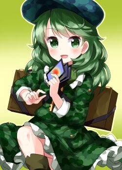 Rule 34 | 1girl, ability card (touhou), backpack, bag, blue hat, boots, brown boots, camouflage, camouflage headwear, camouflage shirt, camouflage skirt, card, commentary request, flat cap, green hair, hat, highres, holding, holding card, jewelry, key, key necklace, medium hair, necklace, newsboy cap, one-hour drawing challenge, ruu (tksymkw), shirt, skirt, skirt set, solo, touhou, yamashiro takane