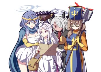 Rule 34 | 4girls, ahoge, ako (blue archive), alternate costume, bead necklace, beads, blue archive, blue cape, blue eyes, blue hair, blue vest, bodystocking, breasts, brown hair, cape, chinatsu (blue archive), circlet, cleavage, commentary request, cosplay, dark-skinned female, dark skin, demon horns, demon tail, demon wings, dragon quest, dragon quest iii, dress, elbow gloves, glasses, gloves, grey hair, hair between eyes, hair over one eye, hair ribbon, half updo, halo, hat, height difference, highres, hina (blue archive), holding, holding mace, holding weapon, horns, iori (blue archive), jewelry, large breasts, long hair, long sleeves, looking at another, mace, merchant (dq3), merchant (dq3) (cosplay), mitre, multiple girls, necklace, pants, parted bangs, parted lips, pointy ears, prefect team (blue archive), priest (dq3), priest (dq3) (cosplay), purple eyes, red eyes, red gloves, ribbon, sage (dq3), sage (dq3) (cosplay), sidelocks, simple background, smile, tail, thief (dq3), thief (dq3) (cosplay), twintails, vest, weapon, white background, white dress, white hair, white pants, wings, yellow eyes, yellow gloves, yukimi unagi