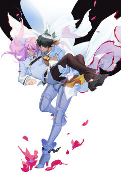 2boys black_hair black_shoes bodysuit bridal_veil brown_pants carrying commentary_request cosplay crossdressing crossdressing_(mtf) fate/grand_order fate_(series) fujimaru_ritsuka_(male) fujimaru_ritsuka_(male)_(cosplay) hachisuka_kotetsu hair_between_eyes high_heels highres lock long_hair male_focus multiple_boys nagasone_kotetsu ncww_rinichi nero_claudius_(bride)_(fate) nero_claudius_(bride)_(fate)_(cosplay) nero_claudius_(fate) padlock pants pink_hair princess_carry shoes short_hair smile touken_ranbu veil very_long_hair white_background white_bodysuit yaoi