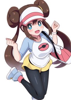 1girl :d bag black_pantyhose blue_eyes blue_shoes breasts bright_pupils brown_hair commentary_request double_bun hair_bun hands_up happy highres long_hair nintendo ootori_(kyoya-ohtori) open_mouth pantyhose pink_bag pink_socks pokemon pokemon_bw2 raglan_sleeves rosa_(pokemon) shirt shoes shorts simple_background smile socks solo twintails visor_cap white_background white_pupils yellow_shorts