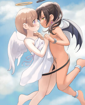 2girls angel angel_and_devil angel_wings anklet black_hair black_halo blonde_hair blush bracelet braid braided_ponytail brown_eyes brown_hair kodomo_doushi clothed_female_nude_female commission dark-skinned_female dark_halo dark_skin demon_girl demon_tail demon_wings dress earrings face-to-face female_focus flat_chest flying halo highres holding_hands interlocked_fingers interracial jewelry kuroshiro00 loli multiple_girls no_panties nude original parted_lips ponytail pubic_tattoo purple_eyes single_braid smile tail tail_wrap tattoo white_dress wings yellow_halo yuri