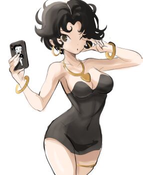 Rule 34 | 1girl, betty boop, betty boop (character), black dress, black eyes, black hair, breasts, cleavage, dress, earrings, eyebrows, gold necklace, highres, hoop earrings, jewelry, looking to the side, medium breasts, messy hair, necklace, one eye closed, phone, pout, rakeemspoon, see-through clothes, see-through dress, selfie, short hair, simple background, sketch, solo, taking picture, thighlet, wink
