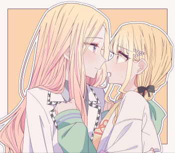2girls blonde_hair closed_mouth collared_shirt commentary eye_contact fang fujita_kotone gakuen_idolmaster grey_shirt highres hood hoodie idolmaster jacket juo_sena kousaka_0v0 long_hair looking_at_another multiple_girls open_mouth outline pink_streaks purple_eyes shirt smile sweat white_hoodie white_jacket white_outline yellow_background yuri