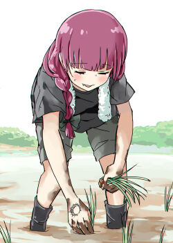 1girl bent_over black_boots black_bow black_shirt black_shorts blush bocchi_the_rock! boots bow braid closed_eyes commentary_request dirty fang field hair_bow hand_tattoo hiroi_kikuri long_hair low-braided_long_hair low-tied_long_hair mud outdoors parted_lips purple_hair rice_paddy rice_planting shirt short_sleeves shorts side_braid solo sweat tattoo torako_(toramaru) towel towel_around_neck