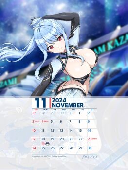 Rule 34 | 1girl, 2024, absurdres, blue hair, breasts, calendar, cleavage, dolphin wave, highres, large breasts, long hair, nayuki hiori, november, official art, ponytail, red eyes, solo