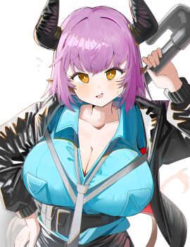 1girl absurdres arknights black_horns black_jacket blue_shirt blush breasts bright_pupils cleavage collarbone commentary diamond-shaped_pupils diamond_(shape) english_commentary grey_necktie hand_on_own_hip highres holding holding_behind_back holding_weapon_behind_back horns huge_breasts jacket long_hair long_sleeves looking_at_viewer multicolored_jacket necktie open_clothes open_jacket open_mouth pointy_ears purple_hair red_jacket shirt sideroca_(arknights) simple_background small_sweatdrop solo spam_(spamham4506) symbol-shaped_pupils two-tone_jacket upper_body white_background white_pupils yellow_eyes
