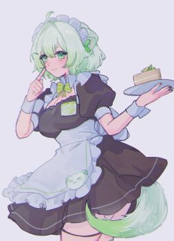 ahoge alternate_costume animal_ears apron asymmetrical_legwear bob_cut bow bowtie breasts cleavage collar dress ferret ferret_ears ferret_girl ferret_tail food frilled_dress frills fruit gradient_hair gradient_tail green_eyes green_hair green_nails green_tail hair_between_eyes highres holding holding_food kokomi_(aniesuakkaman) laimu_(vtuber) leaf lime_(fruit) lime_slice limon_(laimu) maid maid_apron maid_cafe maid_headdress medium_breasts mismatched_legwear multicolored_hair multicolored_tail name_tag pie pink_nails pointing pointing_at_self short_hair tail thigh_strap thighhighs thighs two-tone_hair two-tone_tail uwu vinesauce virtual_youtuber white_hair white_tail