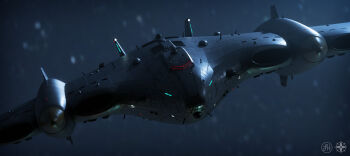 absurdres aircraft airplane bad_link ball_turret bomber dark_background fins flying glowing_windows highres jet_bomber jet_engine joazzz2 military military_vehicle night outdoors project_morningstar radio_antenna rain vehicle_focus