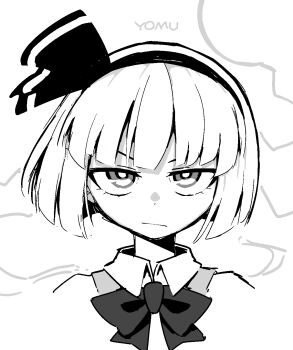 1girl :/ bow bow_hairband bowtie closed_mouth commentary_request ghost greyscale hairband highres konpaku_youmu konpaku_youmu_(ghost) looking_at_viewer monochrome portrait short_hair simple_background solidus_(sword_cube) solo touhou