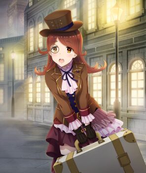 1girl :o analog_clock ascot black_gloves blue_ribbon blush breasts brown_hat brown_jacket building buttons clock clock_tower cowboy_shot dot_nose double-breasted elizabeth_tower fog game_cg gloves hat holding holding_suitcase jacket lamppost layered_skirt long_hair long_sleeves looking_at_viewer medium_breasts neck_ribbon night official_art open_mouth orange_eyes orange_pupils outdoors pinstripe_pattern pinstripe_skirt purple_skirt real_world_location red_hair ribbon skirt solo stone_walkway striped_clothes striped_skirt suitcase teeth third-party_source toji_no_miko toji_no_miko:_kizamishi_issen_no_tomoshibi top_hat tower upper_teeth_only uruga_nao vertical-striped_clothes vertical-striped_skirt victorian white_ascot white_skirt