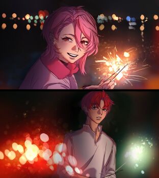 1boy 1girl city_lights collarbone dandadan enjoji_jin fireworks hair_between_eyes highres holding holding_fireworks jam_(jxm3lah) looking_at_another medium_hair parted_bangs parted_lips pink_eyes pink_hair red_hair shiratori_aira_(dandadan) shirt short_hair sleeves_rolled_up smile sparkler upper_body white_shirt
