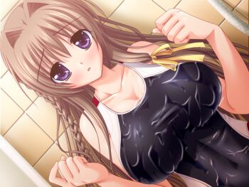 1girl bare_arms bare_shoulders black_one-piece_swimsuit blush breasts clenched_hand dutch_angle from_above game_cg hamada_mari large_breasts long_hair lying on_back on_floor one-piece_swimsuit open_mouth purple_hair splash! swimsuit tsukishiro_nanami water wet wet_clothes wet_swimsuit