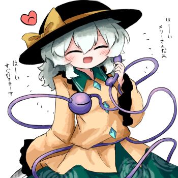 1girl black_hat blush closed_eyes collared_shirt green_skirt hat hat_ribbon heart heripantomorrow holding holding_phone komeiji_koishi long_sleeves open_mouth phone ribbon shirt skirt smile solo third_eye touhou white_background yellow_ribbon yellow_shirt