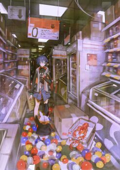 1girl asaba_harumasa asaboo_(zenless_zone_zero) ball belle_(zenless_zone_zero) black_shirt black_thighhighs blue_hair box bracelet cardboard_box ceiling_light checkered_floor commentary_request crossed_bangs earrings eous_(zenless_zone_zero) green_eyes hair_between_eyes hair_ornament hand_up highres hood hooded_jacket indoors jacket jewelry lamp letter_hair_ornament lobster lunifish necklace note open_clothes open_mouth print_shirt shelf shirt shop short_hair sign single_earring single_thighhigh sleeveless sleeveless_jacket thighhighs zenless_zone_zero