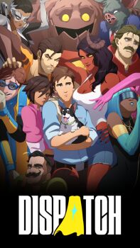 4girls 6+boys absurdres arm_up asymmetrical_gloves beef_(dispatch) belt black_hair blue_eyes blue_gloves blue_hair blue_lips bodysuit breasts brown_eyes brown_hair cleavage colored_skin commentary copyright_name coupe_(dispatch) dark-skinned_female dark_skin demon dispatch dog dress_shirt earrings elbow_gloves face_piercing facial_hair fangs flambae_(dispatch) formal_clothes gloves goggles golem_(dispatch) highres indoors invisigal_(dispatch) jewelry leotard long_hair looking_at_viewer makeup malevola_(dispatch) medium_breasts medium_hair miconomicon mismatched_gloves missing_tooth multiple_boys multiple_girls mustache necktie nose_piercing nose_ring open_mouth orange_eyes phenomaman_(dispatch) piercing pink_gloves pink_hair prism_(dispatch) punch_up_(dispatch) red_necktie red_skin robert_robertson runny_makeup shirt short_hair sleeveless sonar_(dispatch) stubble suit waterboy_(dispatch) white_leotard yellow_eyes