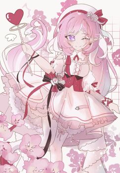 1girl ;) alternate_costume beret breasts chinese_commentary commentary_request diamond-shaped_pupils diamond_(shape) dress earrings elf elysia_(hi_love_elf)_(honkai_impact) elysia_(honkai_impact) flower hat heart heart_earrings highres holding holding_staff honkai_(series) honkai_impact_3rd jewelry long_hair looking_at_viewer medium_breasts multicolored_hair one_eye_closed pink_hair pointy_ears purple_eyes smile solo staff symbol-shaped_pupils thighhighs two-tone_hair very_long_hair white_dress white_hair white_thighhighs wiskyzhihuicangqiong