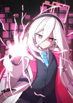 1girl a-dwolf black_hairband black_vest blue_archive blue_necktie check_commentary commentary_request dot_nose electricity electrokinesis glowing hair_between_eyes hairband halo jacket kei_(blue_archive) kei_(new_body)_(blue_archive) lightning long_hair long_hair_between_eyes looking_at_viewer necktie open_clothes open_jacket outstretched_arm outstretched_hand partially_shaded_face pink_halo pleated_skirt rectangular_halo red_eyes ringed_eyes shirt skirt solo very_long_hair vest white_hair white_jacket white_shirt