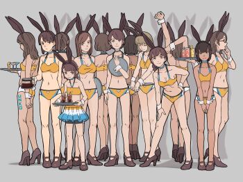 6+girls absurdres animal_ears bikini black_hair body_writing brown_hair rabbit_ears cocktail_glass coffee_pot cola copyright_request cup drinking_glass drinking_straw fake_animal_ears glasses heart_cutout high_heels highres holding multiple_girls nail_polish shima_(landsuzume) simple_background stretching swimsuit tray wrist_cuffs