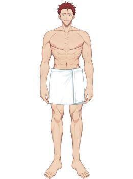18trip 1boy abs absurdres bara barefoot full_body green_eyes highres iwabuchi_daniel_hiroshi large_pectorals male_focus manly muscular muscular_male naked_towel official_art pectorals red_hair scar scar_on_face simple_background smile towel towel_around_waist v-taper white_background