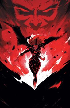 Rule 34 | 1boy, 1girl, absurdres, bodysuit, cape, clenched hand, comic cover, cover, cover page, eye trail, grin, headdress, highres, light trail, limited palette, long hair, looking at viewer, marvel, mephisto (marvel), no pupils, nogisanart, official art, red hair, red theme, sister sorrow, smile, textless version, white eyes