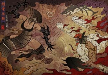 1girl 1other 2boys apron bilingual_commentary black_apron black_pants bomb_devil_(chainsaw_man) chainsaw chainsaw_man chien_chih_kang clenched_teeth collared_shirt commentary denji_(chainsaw_man) fangs fine_art_parody from_side looking_ahead looking_at_another looking_down looking_up mixed-language_commentary multiple_boys nihonga object_head open_clothes open_mouth open_shirt pants parody pull_cord reze_(chainsaw_man) shark shark_devil_(chainsaw_man) sharp_teeth shirt sleeves_rolled_up teeth tongue tongue_out transformation typhoon_devil_(chainsaw_man) white_shirt