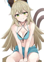 Rule 34 | 1girl, absurdres, aqua bikini, bare shoulders, bikini, blonde hair, criss-cross halter, day mello, fang, fang out, genshin impact, green eyes, halterneck, highres, kirara (genshin impact), long hair, looking at viewer, navel, simple background, sitting, smile, solo, stomach, swimsuit, thighs, very long hair, white background