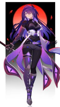1girl absurdres acheron_(honkai:_star_rail) alternate_costume asymmetrical_legwear bodystocking buckle commentary commission diamond-shaped_pupils diamond_(shape) eye_print full_body full_moon gloves hair_ornament hair_over_one_eye hexagon_print highres holding holding_sword holding_weapon honkai:_star_rail honkai_(series) jacket long_hair moon petals purple_eyes purple_hair red_moon scabbard second-party_source sheath shorts strap sword symbol-shaped_pupils very_long_hair wayanfa weapon