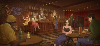 4boys 4girls abella_(fear_&amp;_hunger) african_clothes bar_(place) bare_arms bare_shoulders black_footwear black_hair black_pantyhose black_ribbon black_sweater black_vest blonde_hair blue_hair blue_skirt bomber_jacket boots bottle bracelet brick_wall brown_footwear brown_jacket brown_tank_top candle chair checkered_floor cleaning cleaning_rag cocktail_glass commentary counter cup daan_(fear_&amp;_hunger) dark-skinned_male dark_skin denim disappointed drinking drinking_glass earrings fear_&amp;_hunger fear_&amp;_hunger_(series) fear_&amp;_hunger_2:_termina goat green_jacket grey_hair hand_in_pocket hat head_rest highres holding holding_cup indoors instrument jacket jeans jewelry karin_(fear_&amp;_hunger) levi_(fear_&amp;_hunger) long_hair long_sleeves marcoh_(fear_&amp;_hunger) marina_(fear_&amp;_hunger) mary_janes medium_hair milk multiple_boys multiple_girls music neck_ribbon neon_sign o'saa_(fear_&amp;_hunger) olivia_(fear_&amp;_hunger) open_clothes open_jacket overalls pants pantyhose pekoe-ji pink_shirt pink_skirt playing_instrument playing_piano ponytail red_hair ribbon shirt shoes short_hair sitting skirt socks sweater table tank_top twitter_username vest wheelchair white_shirt white_socks wooden_chair wooden_table yellow_hat yellow_overalls