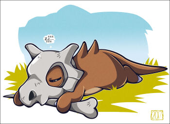 bone closed_eyes commentary cubone english_commentary full_body gen_1_pokemon holding holding_bone lying nintendo no_humans on_stomach pokemon pokemon_(creature) skull_on_head sleeping solo speech_bubble spoken_zzz thought_bubble woofzilla zzz