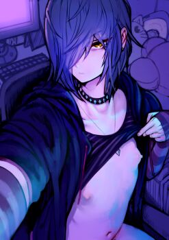 Rule 34 | 1boy, 2n5, absurdres, androgynous, bedroom, choker, clothes lift, commentary request, earrings, elbow gloves, gloves, hair over one eye, highres, iriya-kun, jewelry, lifting own clothes, looking at viewer, male focus, messy hair, navel, necklace, nipples, original, purple hair, purple theme, selfie, shirt lift, solo, stuffed animal, stuffed shark, stuffed toy, yellow eyes