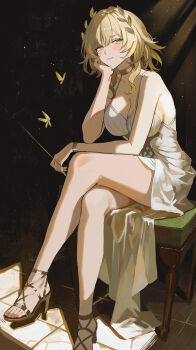 1girl absurdres aglaea_(honkai:_star_rail) blonde_hair blush breasts chair cleavage closed_mouth commentary_request crossed_legs dress feet green_eyes green_streaks head_rest high_heels highres honkai:_star_rail honkai_(series) large_breasts laurel_crown legs looking_at_viewer multicolored_hair nanjo_maya on_chair sandals short_hair single_bare_arm sitting sleeveless sleeveless_dress solo strappy_heels streaked_hair string thighs toes white_dress