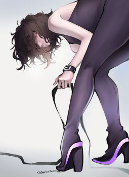 1girl animal_ears artist_name bent_over black_bodysuit blake_belladonna bodysuit brown_hair cat_ears cat_girl commentary english_commentary frolicdragold high_heels highres looking_at_viewer messy_hair rwby short_hair solo squinting wrist_belt