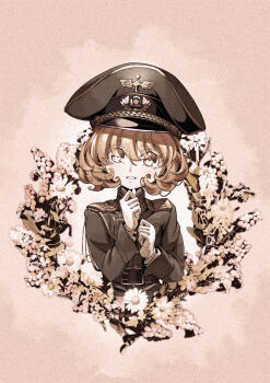 Rule 34 | 1girl, belt buckle, blonde hair, buckle, collar tabs, commentary request, flower, fluffy hair, gloves, grin, hat, high collar, highres, long sleeves, looking at viewer, military, military hat, military uniform, peaked cap, short hair, shoulder boards, smile, solo, tanya degurechaff, toujou chika, upper body, white gloves, youjo senki